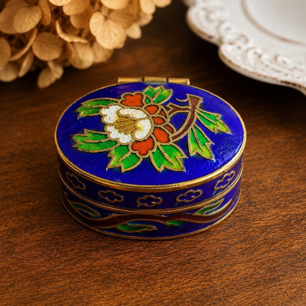 Vintage Beijing Cloisonne Trinket Box Blue Enamel Floral Oval Brass Keepsake Box